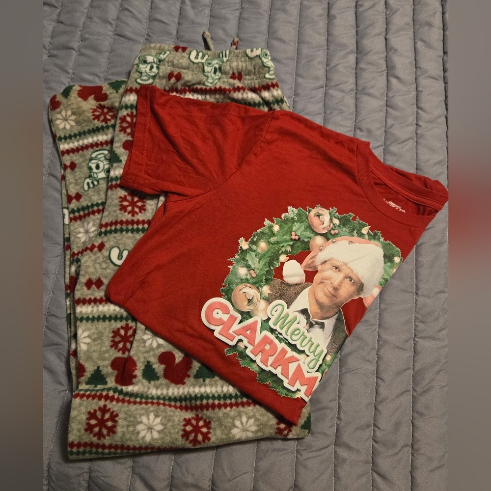 Red Christmas Graphic T-Shirt and Festive Pajama Set